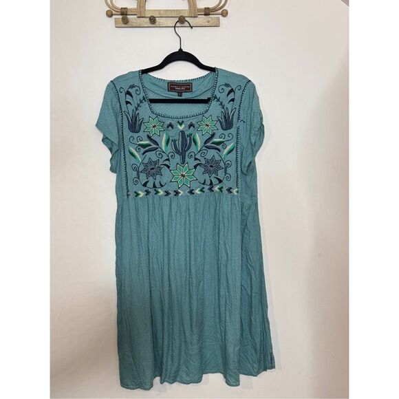 Double D Ranch Cactus Embroidered Baby Doll Dress Muted Teal M - Picture 1 of 7